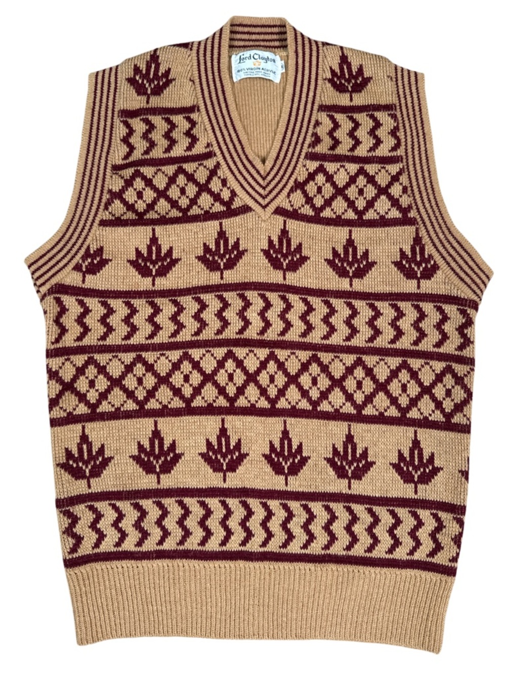 Vintage 70s Lord Clayton Tan & Burgundy V‑Neck Knit Sweater Vest Mens Medium